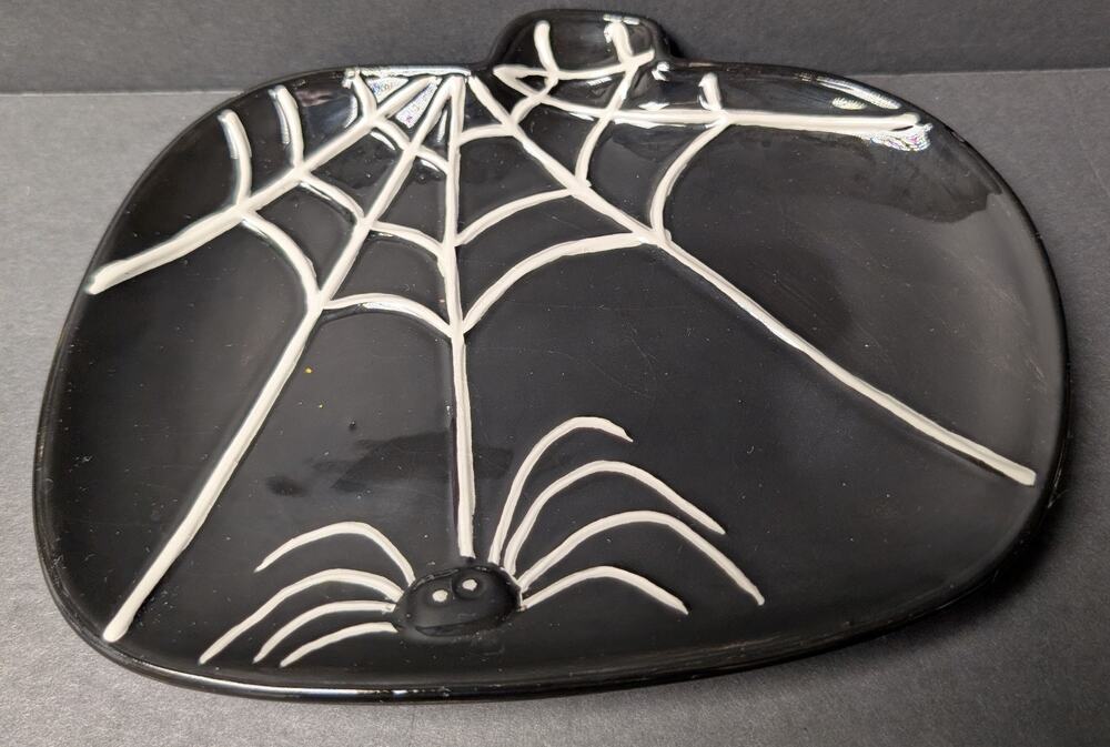 Halloween Pumpkin Spider Web Dish 8x6.25 " HOLIDAY TABLE DECOR black White Candy